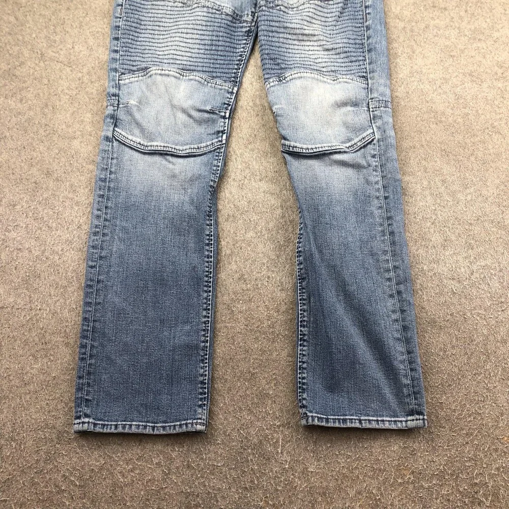 True Religion Jeans Mens 36x33 Blue Light Wash Regular Straight Moto Biker Denim